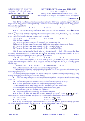 Đề 1 thi học kỳ 1  Năm học 2014 - 2015 môn Vật lý - Khối 12 thời gian 60 phút (không kể thời gian phát đề)